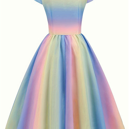 Rainbow Ombre Sweetheart Neck Dress, Cute Cap Sleeve Flared Swing Dress, Women's Clothing