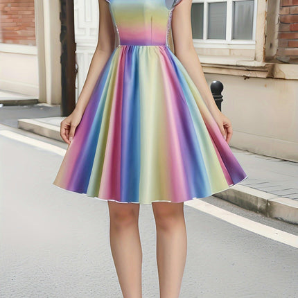 Rainbow Ombre Sweetheart Neck Dress, Cute Cap Sleeve Flared Swing Dress, Women's Clothing