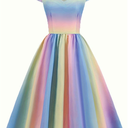 Rainbow Ombre Sweetheart Neck Dress, Cute Cap Sleeve Flared Swing Dress, Women's Clothing