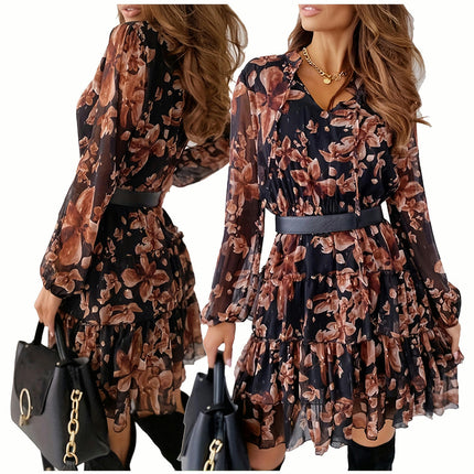 Long Sleeve High Waist Womens Casual Dress with Vintage Flower Ruffles and V-neck Tie-up