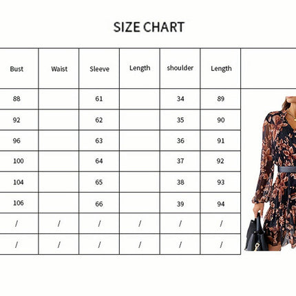 Long Sleeve High Waist Womens Casual Dress with Vintage Flower Ruffles and V-neck Tie-up