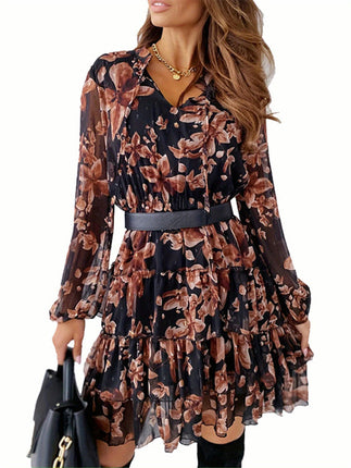 Long Sleeve High Waist Womens Casual Dress with Vintage Flower Ruffles and V-neck Tie-up