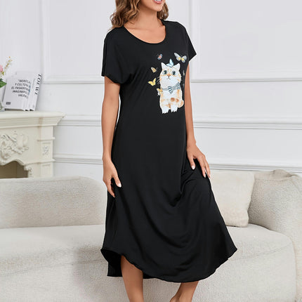 Charming Cat & Butterfly Print Maxi Lounge Dress-Women's Comfortable Short Sleeve Round Neck Dress