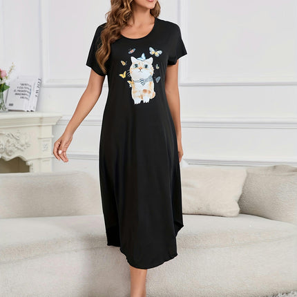 Charming Cat & Butterfly Print Maxi Lounge Dress-Women's Comfortable Short Sleeve Round Neck Dress