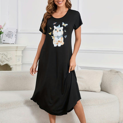 Charming Cat & Butterfly Print Maxi Lounge Dress-Women's Comfortable Short Sleeve Round Neck Dress