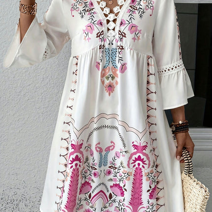 Spring & Summer Women's Ethnic Print V-Neck Half Sleeve Trapeze Dress for Getaways