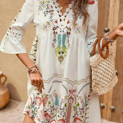 Spring & Summer Women's Ethnic Print V-Neck Half Sleeve Trapeze Dress for Getaways