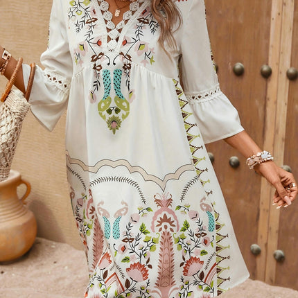 Spring & Summer Women's Ethnic Print V-Neck Half Sleeve Trapeze Dress for Getaways