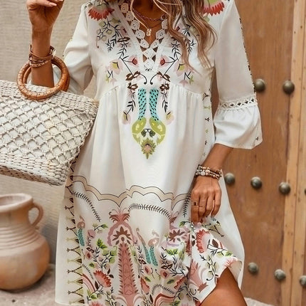 Spring & Summer Women's Ethnic Print V-Neck Half Sleeve Trapeze Dress for Getaways