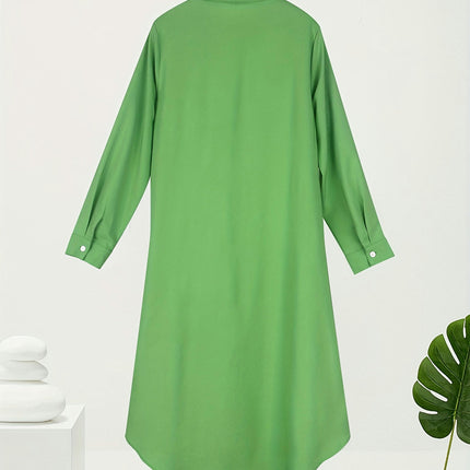 Botton Front Pocket Dress, Elegant Spring/ Summer Long-sleeved Dress, Women's Dress