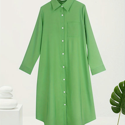 Botton Front Pocket Dress, Elegant Spring/ Summer Long-sleeved Dress, Women's Dress