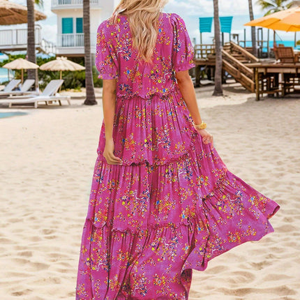 Long Ditsy Floral Maxi Dress, Crew Neck with Lantern Short Sleeves, Ruffle Hem, Woman's Clothing