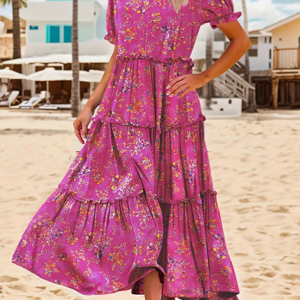 Long Ditsy Floral Maxi Dress, Crew Neck with Lantern Short Sleeves, Ruffle Hem, Woman's Clothing