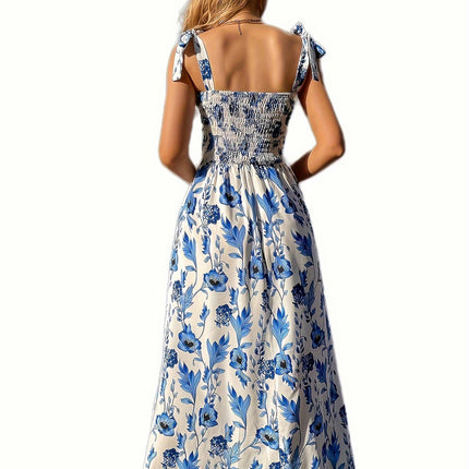 Women's Square Neck Ruffle Boho Maxi Dress With Floral Print And Tie Straps