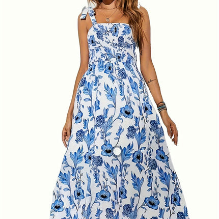 Women's Square Neck Ruffle Boho Maxi Dress With Floral Print And Tie Straps