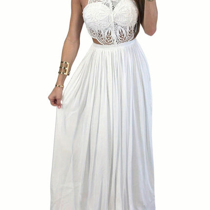 Women Hollow Out Lace Halter Dress, Crochet High Waist Pleated Maxi Dress Wedding Party Dress