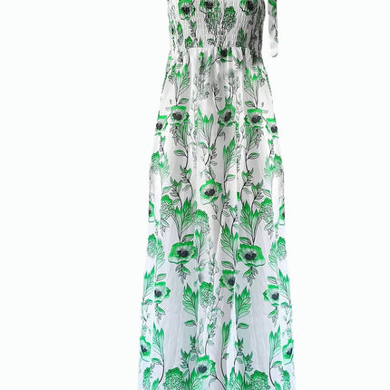 Women's Square Neck Ruffle Boho Maxi Dress With Floral Print And Tie Straps