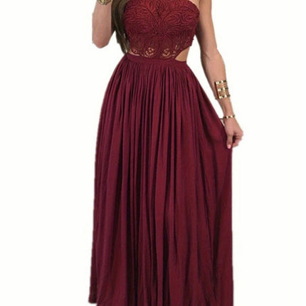 Women Hollow Out Lace Halter Dress, Crochet High Waist Pleated Maxi Dress Wedding Party Dress