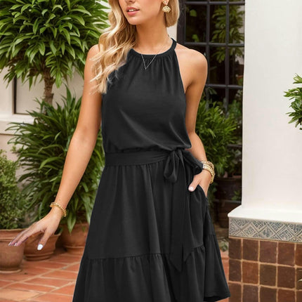 Chic Halter A-Line Dress with Pockets Ruffle Hem,Sleeveless Wasit Lace up, Woman's Clothing