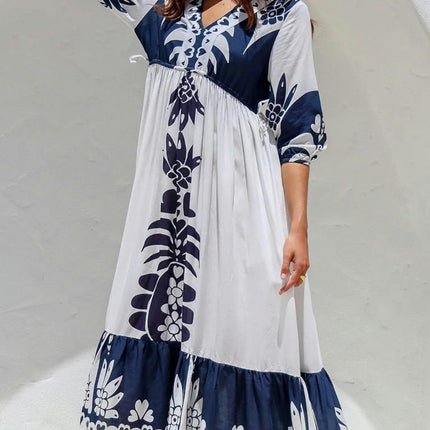 Women's Summer Bohemian Dress Half Sleeve V Neck Long Drawstring Vacation Dresses