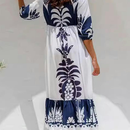 Women's Summer Bohemian Dress Half Sleeve V Neck Long Drawstring Vacation Dresses