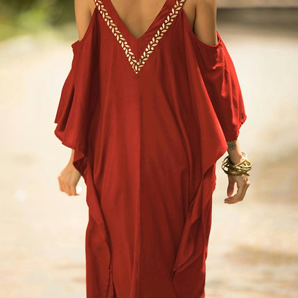 Maxi Dress - Flattering V-Neckline Batwing Sleeves, Cold Shoulder, Casual Beach Wear for Women