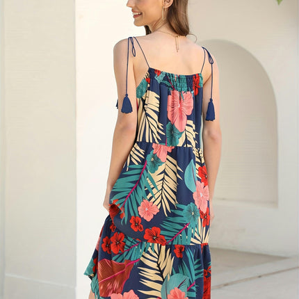 Floral Print Tie Shoulder Dress, Vacation Tassel Sleeveless Ruffle Trim Backless Cami Dress