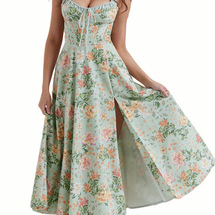 1pc Women'S Floral Midi Dress - Casual Notched Collar, Drawstring Detail, Sleeveless Summer Dress