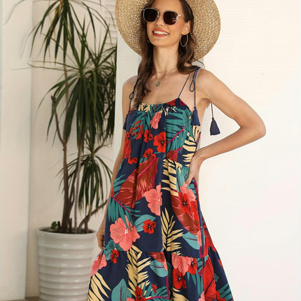 Floral Print Tie Shoulder Dress, Vacation Tassel Sleeveless Ruffle Trim Backless Cami Dress