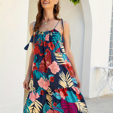 Floral Print Tie Shoulder Dress, Vacation Tassel Sleeveless Ruffle Trim Backless Cami Dress