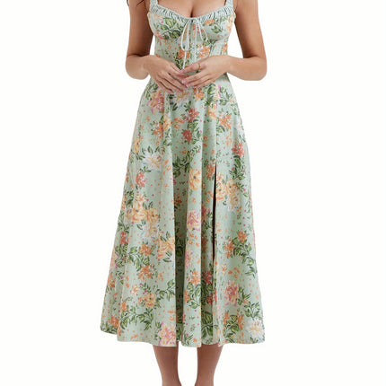 1pc Women'S Floral Midi Dress - Casual Notched Collar, Drawstring Detail, Sleeveless Summer Dress