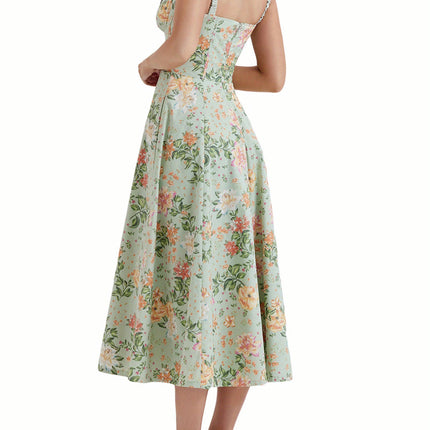 1pc Women'S Floral Midi Dress - Casual Notched Collar, Drawstring Detail, Sleeveless Summer Dress