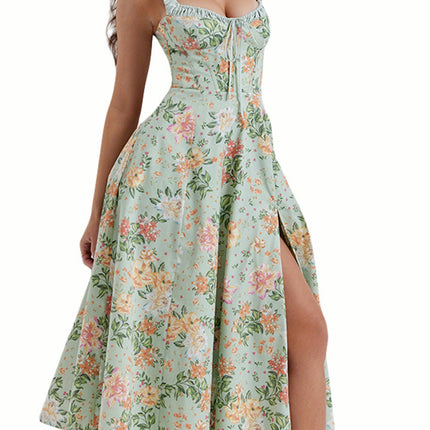 1pc Women'S Floral Midi Dress - Casual Notched Collar, Drawstring Detail, Sleeveless Summer Dress