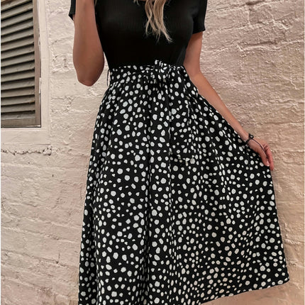 Dot Printed Belt A-line Dress, Elegant Round Neck Short Sleeve Dress For Spring/Summer, Women's