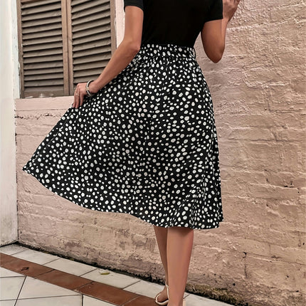 Dot Printed Belt A-line Dress, Elegant Round Neck Short Sleeve Dress For Spring/Summer, Women's