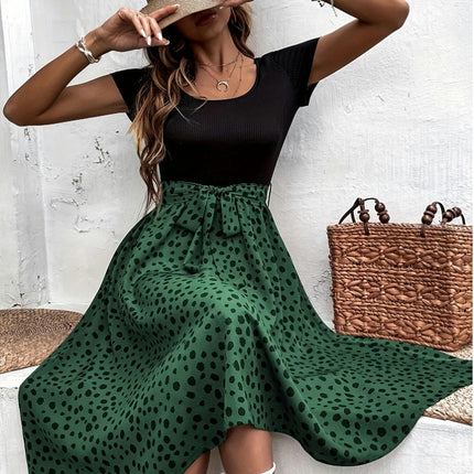 Dot Printed Belt A-line Dress, Elegant Round Neck Short Sleeve Dress For Spring/Summer, Women's