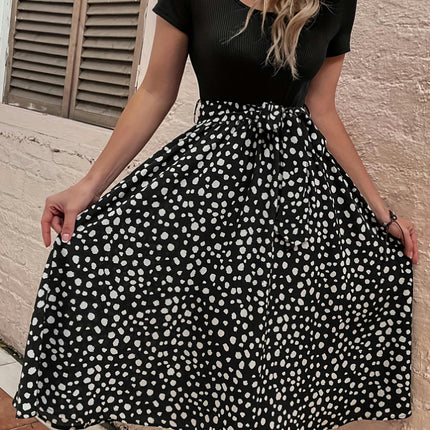 Dot Printed Belt A-line Dress, Elegant Round Neck Short Sleeve Dress For Spring/Summer, Women's