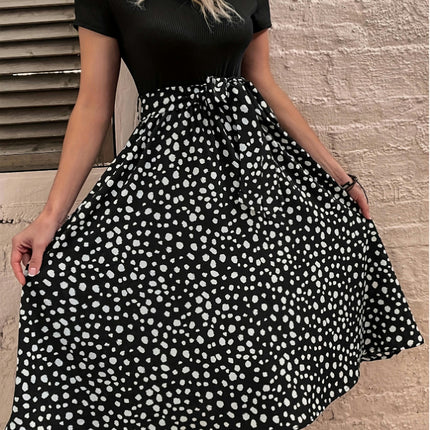 Dot Printed Belt A-line Dress, Elegant Round Neck Short Sleeve Dress For Spring/Summer, Women's