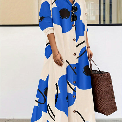 Women's Floral Print Loose Maxi Dress - Casual Long Sleeve Shirt Dress for Spring and Fall Seasons