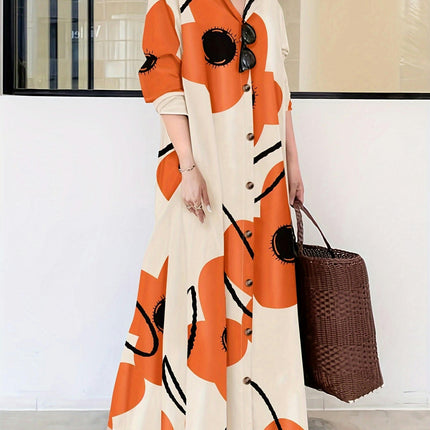 Women's Floral Print Loose Maxi Dress - Casual Long Sleeve Shirt Dress for Spring and Fall Seasons