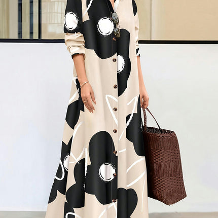 Women's Floral Print Loose Maxi Dress - Casual Long Sleeve Shirt Dress for Spring and Fall Seasons