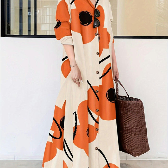 Women's Floral Print Loose Maxi Dress - Casual Long Sleeve Shirt Dress for Spring and Fall Seasons