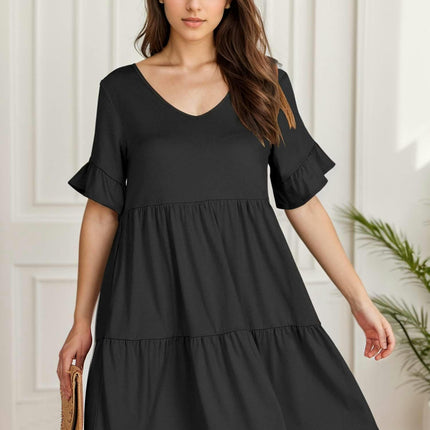 Women'S V-Neck Ruffle Short Sleeve Mini Dress with Pockets Solid Color Dress for Spring/Summer/Fall