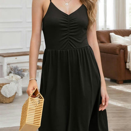 1pc Women'S Casual A-Line Sundress-Spaghetti Strap Sleeveless Midi Dress with Pockets for Summer