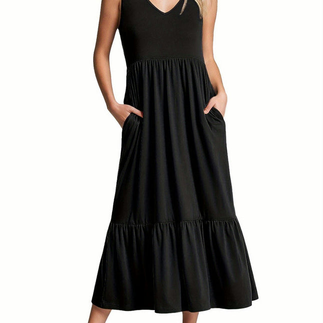 Women's Casual Sleeveless V Neck Swing Dress Flowy Tiered Maxi Beach Sundress with Pockets