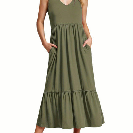 Women's Casual Sleeveless V Neck Swing Dress Flowy Tiered Maxi Beach Sundress with Pockets