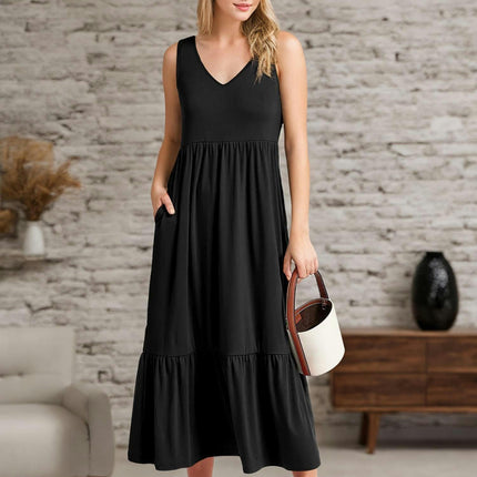 Women's Casual Sleeveless V Neck Swing Dress Flowy Tiered Maxi Beach Sundress with Pockets