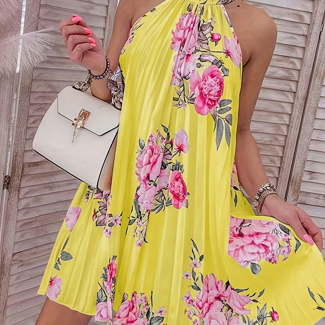 Vibrant Floral Print Choker Neck Dress-Sleeveless Pleat Design Comfortable Wear for Spring & Summer