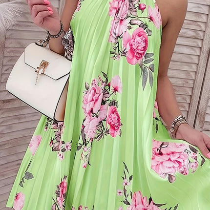 Vibrant Floral Print Choker Neck Dress-Sleeveless Pleat Design Comfortable Wear for Spring & Summer