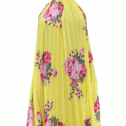 Vibrant Floral Print Choker Neck Dress-Sleeveless Pleat Design Comfortable Wear for Spring & Summer